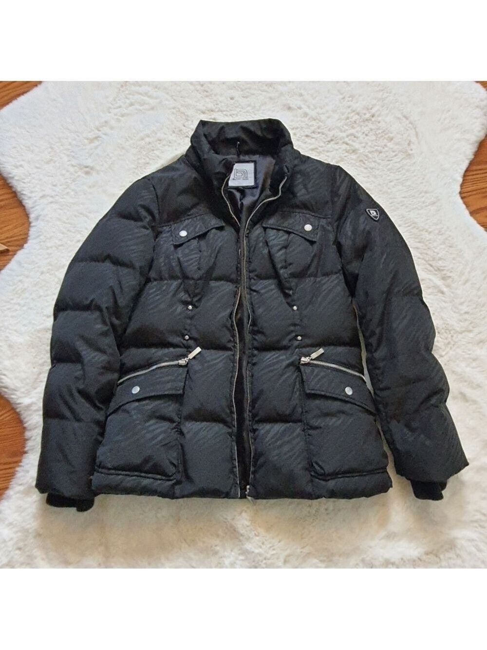 BLANC NOIR Black Feather Down Puffer Jacket Womens M Black Zebra Print
